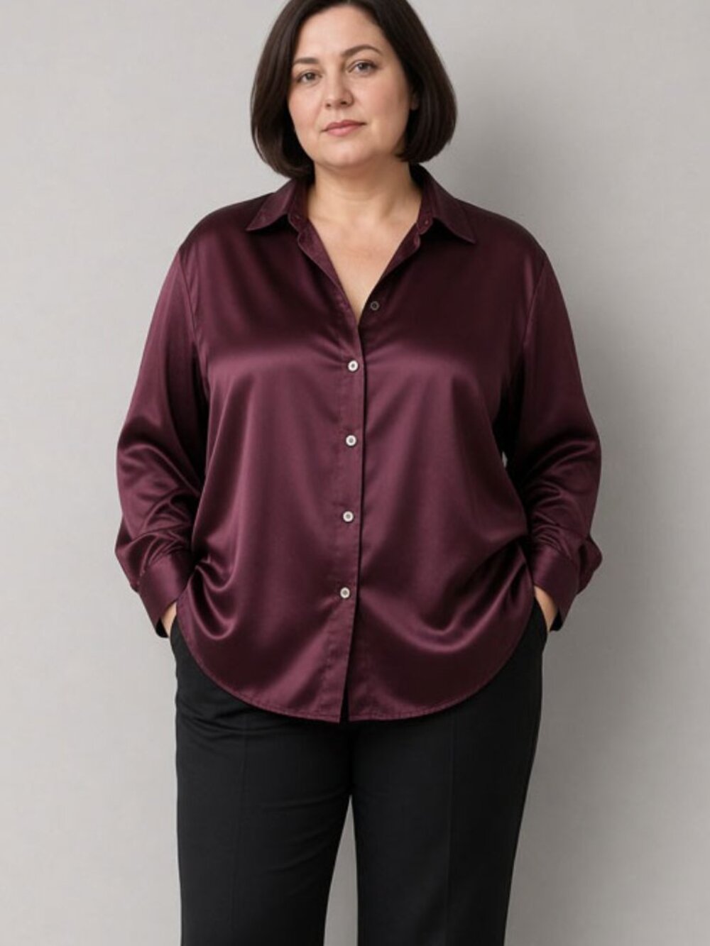 New Industry Plus Size 2X Relaxed Fit Satin Button Down Shirt Deep Purple Blouse